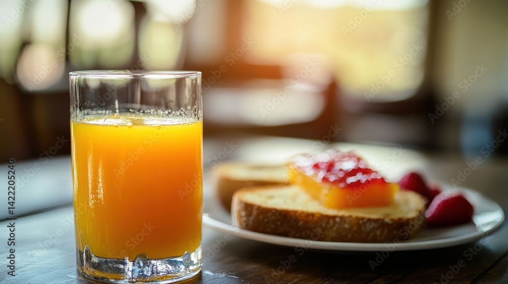 A glass of juice and breakfast on a wooden table A glass of juice and breakfast on a wooden table