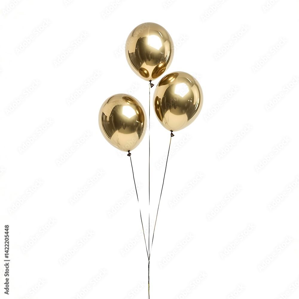 Three Shiny Gold Balloons on Strings, Isolated on White Background Three Shiny Gold Balloons on Strings, Isolated on White Background