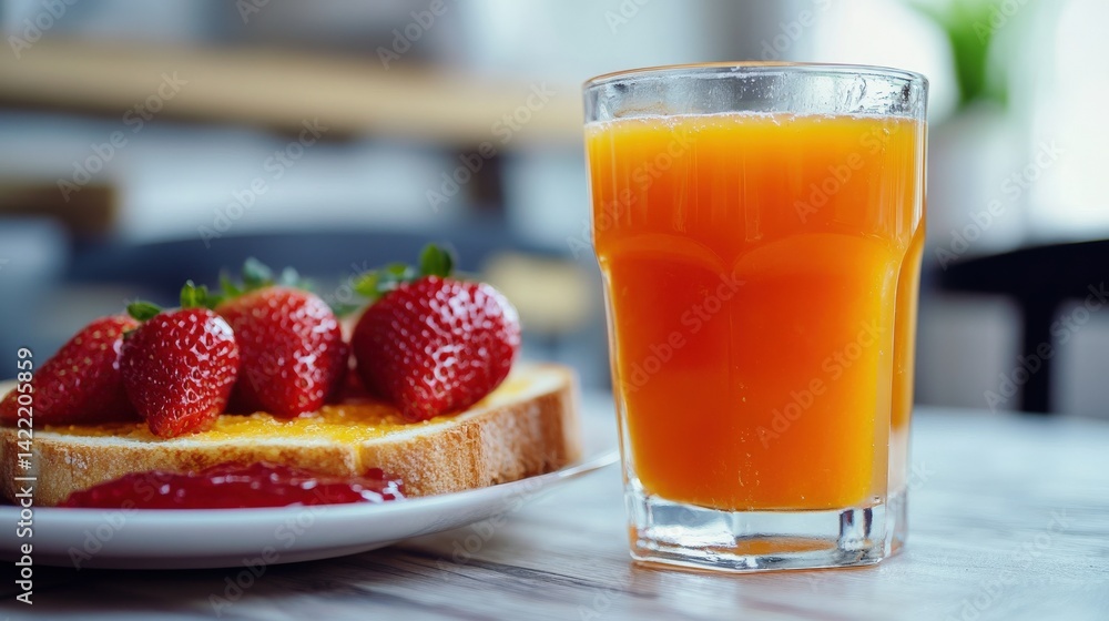 Fresh breakfast food featuring strawberries toast and juice Fresh breakfast food featuring strawberries toast and juice