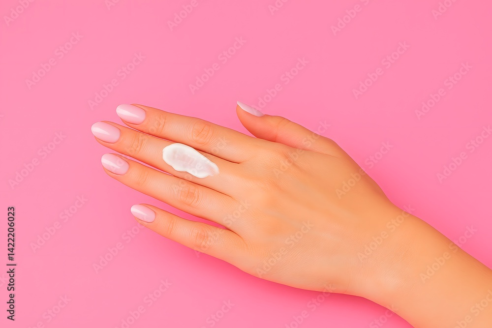 A close-up of a hand applying lotion on a pink background, showcasing skincare and beauty routines and the importance of hand care. beauty skin treatment moisturizers. A close-up of a hand applying lotion on a pink background, showcasing skincare and beauty routines and the importance of hand care. beauty skin treatment moisturizers.