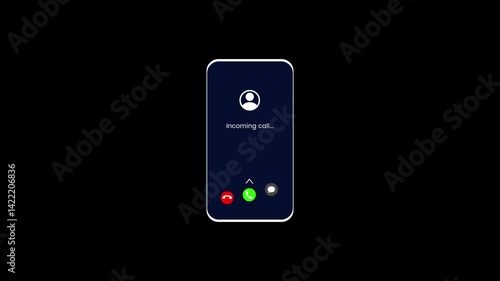 Incoming call screen on smartphone device interface isolated on black background animation
