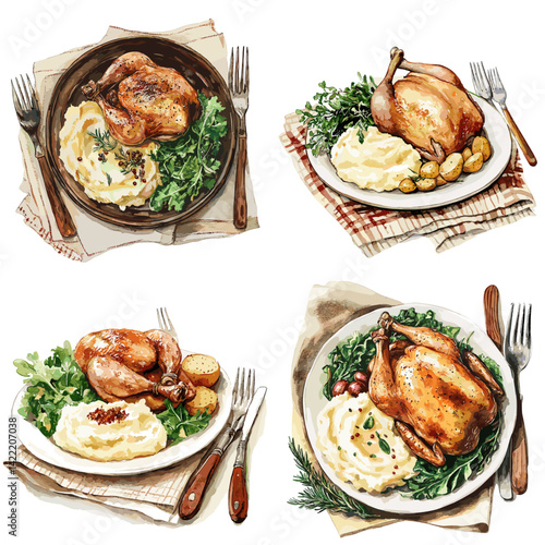 Delicious roasted chicken served with mashed potatoes, greens, and herbs on rustic plates. Perfect for menu design, comfort food visuals, or Thanksgiving promotions.

