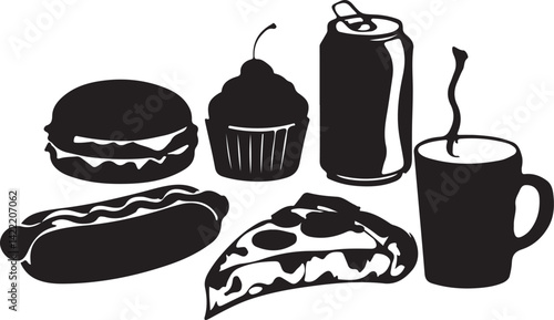 Black and White Fast Food and Drink Icons Set