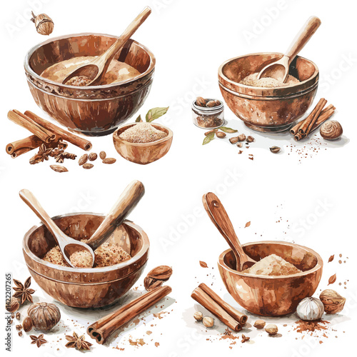Beautiful watercolor illustration of brown sugar bowls with cinnamon sticks, cloves, and nutmeg. Perfect for recipes, packaging design, or natural ingredient visuals.

