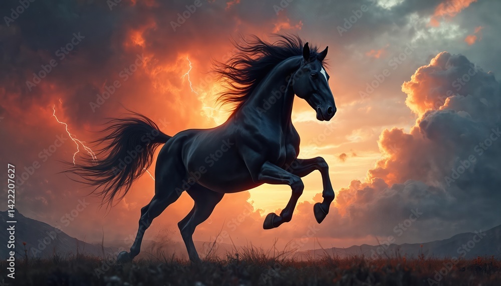 Powerful black horse leaps through a stormy sky, wind blows its mane and tail. Lightning flashes above mountains, epic, vibrant illustration. Majestic equine in dramatic weather. Powerful black horse leaps through a stormy sky, wind blows its mane and tail. Lightning flashes above mountains, epic, vibrant illustration. Majestic equine in dramatic weather.