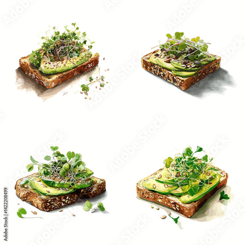 Healthy avocado toast topped with microgreens and seeds in watercolor style. Perfect for nutrition-focused visuals, vegan lifestyle content, and breakfast branding.

