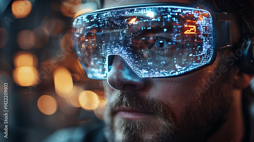 A person wearing futuristic VR glasses displaying data. A suggestion could be for digital interfaces information visualization and data analytics applications.
