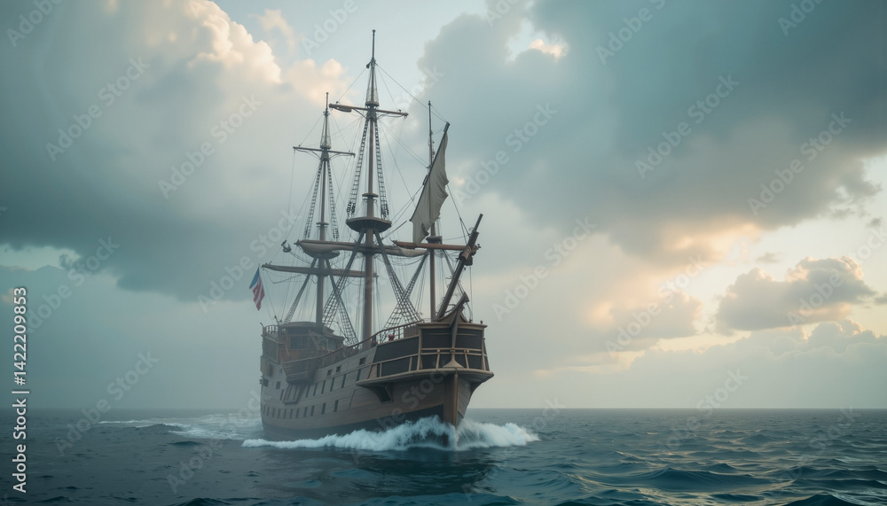 Fototapeta premium Vintage sailing ship navigating through turbulent waters at sunset 