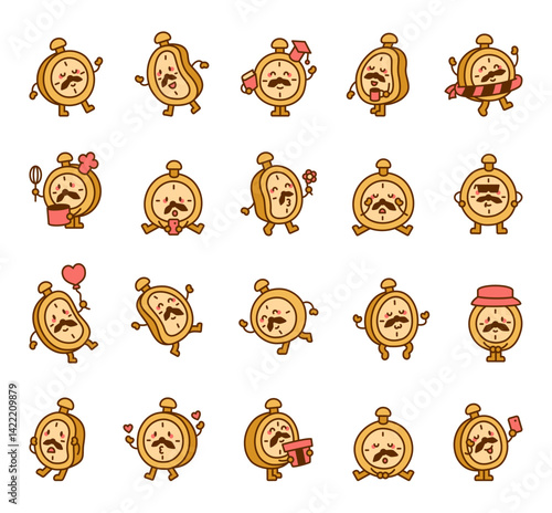 Cute cartoon clock character set includes multiple with different emotions, funny poses, useful objects, charming accessories, and playful themes for illustration and creative design projects