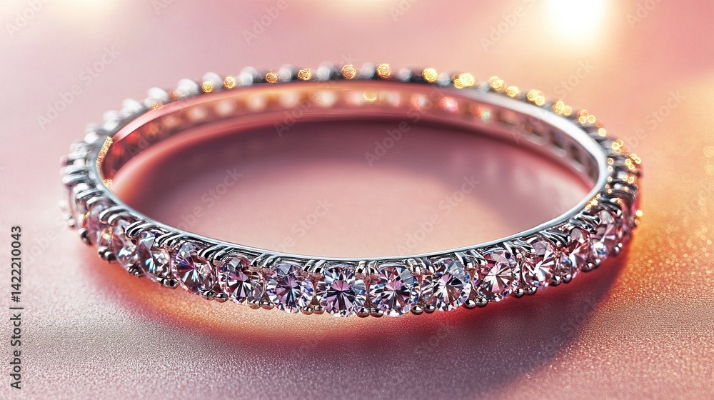 Dainty gemstone bracelet placed across a blush pink surface, glowing under lights Dainty gemstone bracelet placed across a blush pink surface, glowing under lights