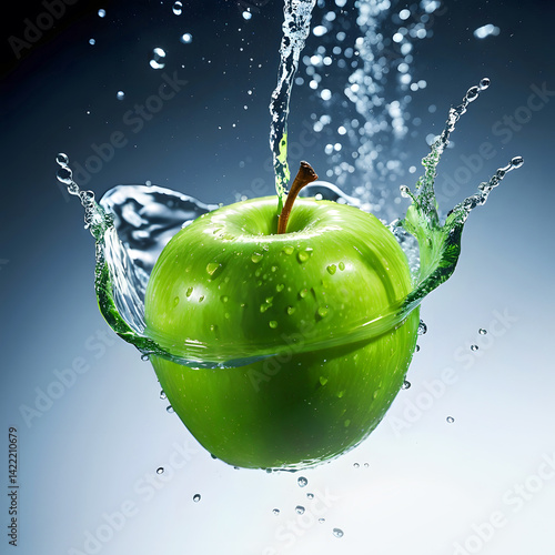 Fresh and Juicy Green Apple Splashing into Water