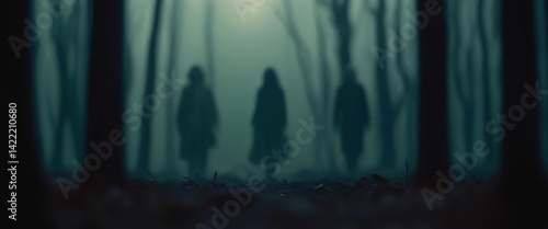 Eerie Figures in Misty Forest. This image captures three mysterious figures walking through a misty, shadowy forest.