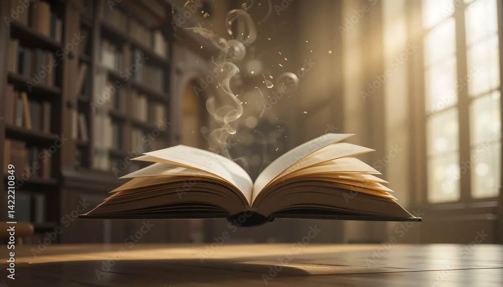 Fototapeta premium Mystical open book levitating in a sunlit library with swirling smoke in afternoon light