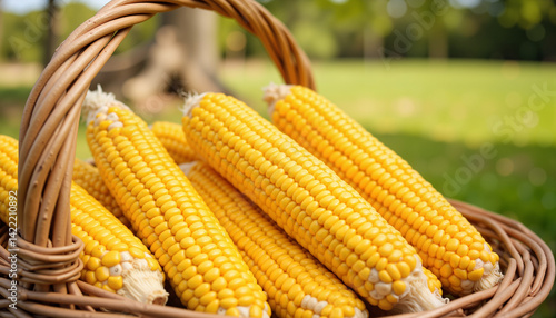 Fresh corn cobs displayed in a wicker basket outdoors  