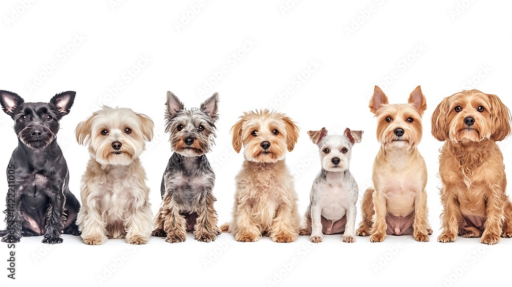 Obraz premium Seven Small Dogs Sitting Row.