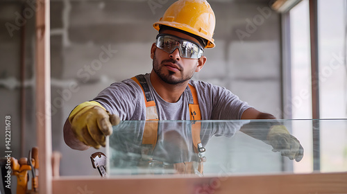 Construction Worker Installing Glass Panel