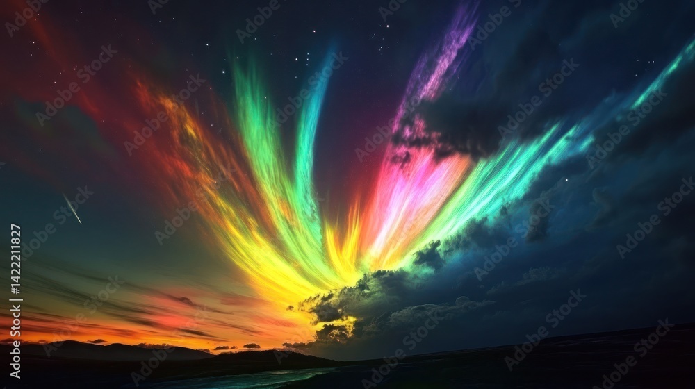 Obraz premium Colorful and vibrant streaks of light illuminate the dark night sky