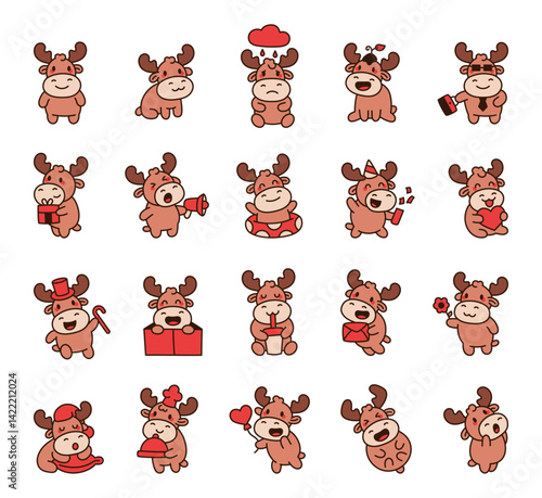 Funny moose character set with adorable horns and emotional expressions sitting, standing, holding objects, celebrating holidays, and doing cute everyday activities for your projects