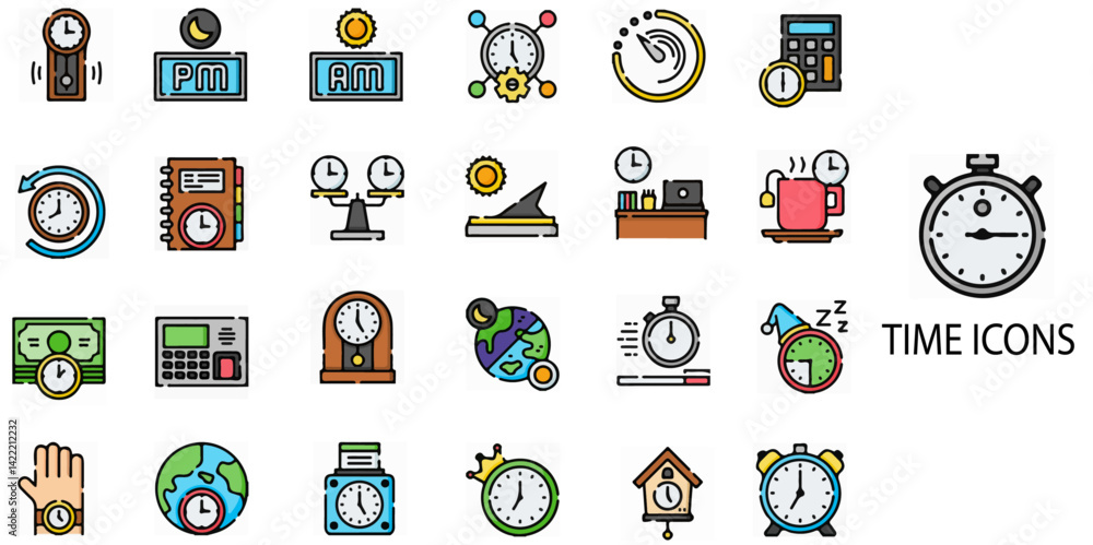 Time simple concept 24 color icons set. Contains such calendar, clock, circle .Vector illustration. Time simple concept 24 color icons set. Contains such calendar, clock, circle .Vector illustration.