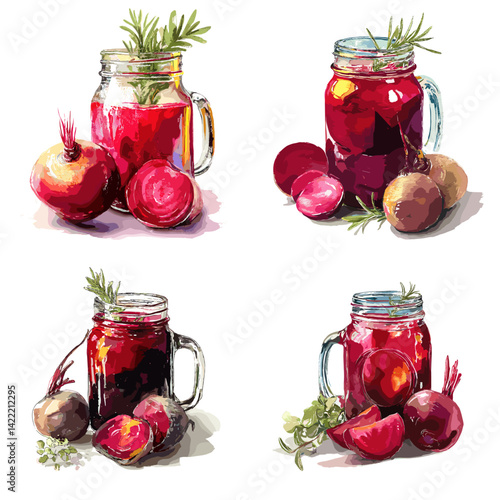 Realistic watercolor of beetroot juice in mason jars with fresh whole and sliced beets. Perfect for healthy drinks, detox content, and nutrition-themed visuals.

