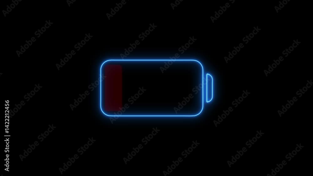 Low battery neon indicator with blue outline and red bar on black background Low battery neon indicator with blue outline and red bar on black background