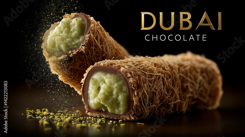 Pistachio-cream-filled Dubai chocolate bar wrapped in crispy kataifi, dusted with pistachio powder, resting on dark surface