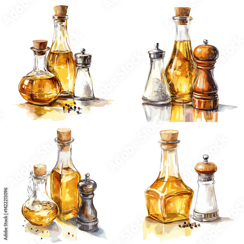 Watercolor illustration of olive oil bottles with salt and pepper mills. Perfect for kitchen decor, cooking themes, Mediterranean cuisine, and gourmet food concepts.

