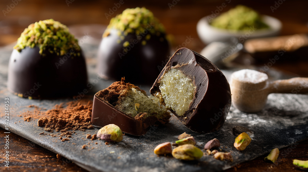 Luxurious dark chocolate bonbons containing pistachio marzipan, dusted with cocoa, garnished with chopped pistachios on slate surface