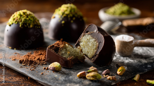 Obraz na płótnie Luxurious dark chocolate bonbons containing pistachio marzipan, dusted with cocoa, garnished with chopped pistachios on slate surface w salonie