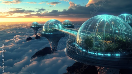 Futuristic city concept with buildings suspended high above the clouds