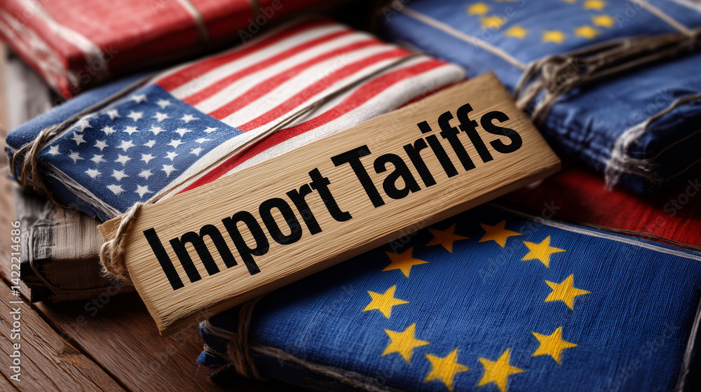 Folded flags of USA and EU with import tariffs sign, representing trade war and protectionism
