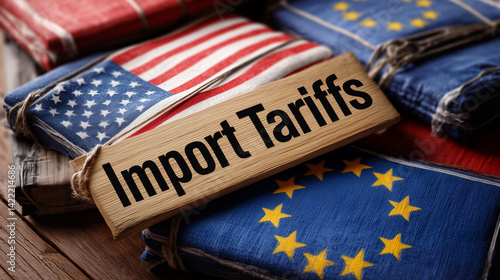 Obraz na płótnie Folded flags of USA and EU with import tariffs sign, representing trade war and protectionism w salonie