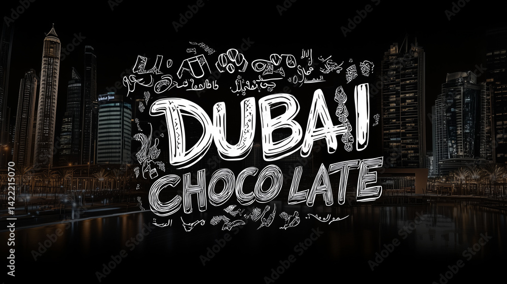 Dubai chocolate logo hand-drawn, glowing cityscape background highlighting connection between urban landscape and luxurious confectionery artistry