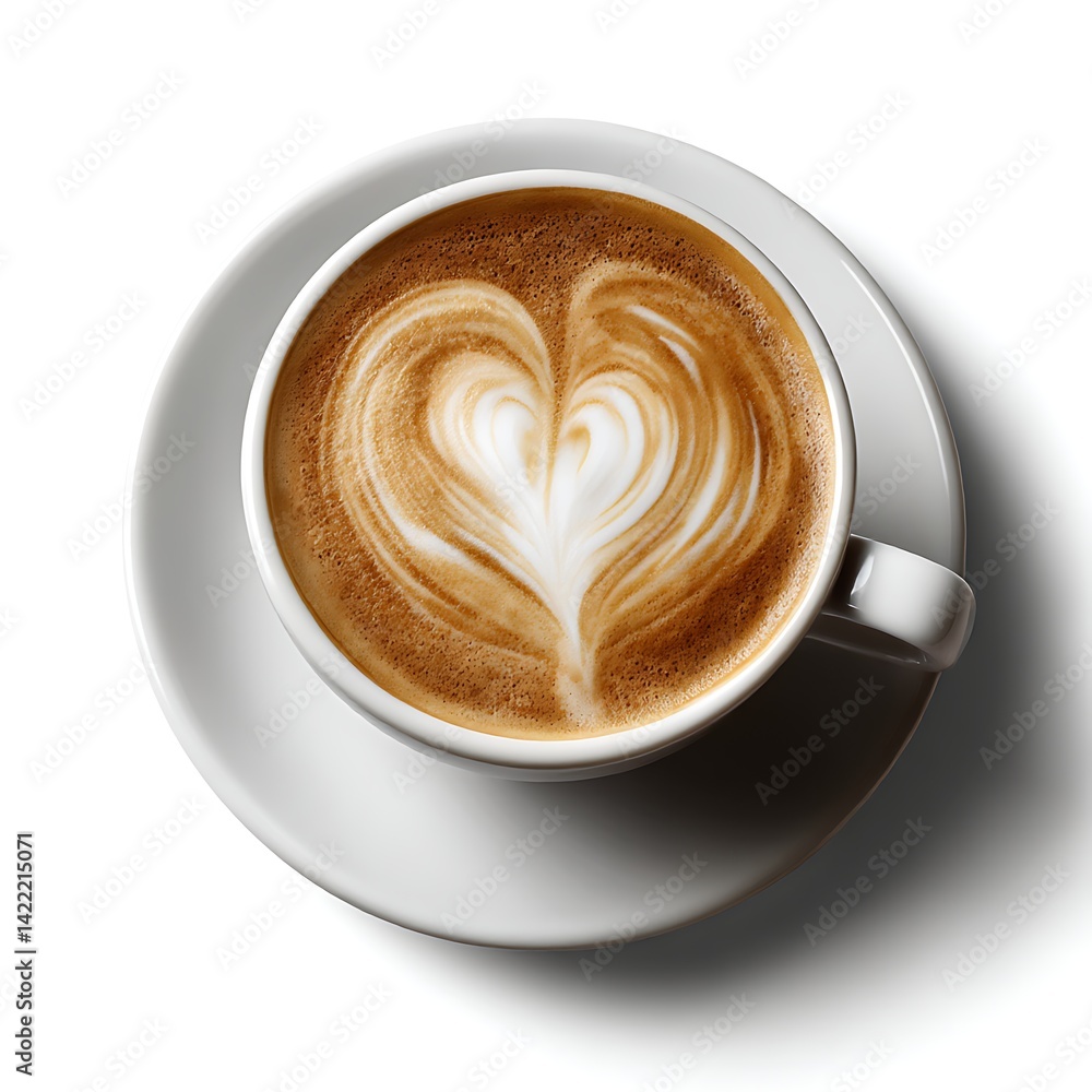 A cup of coffee with latte art in the shape of a heart, isolated on a clean white background A cup of coffee with latte art in the shape of a heart, isolated on a clean white background