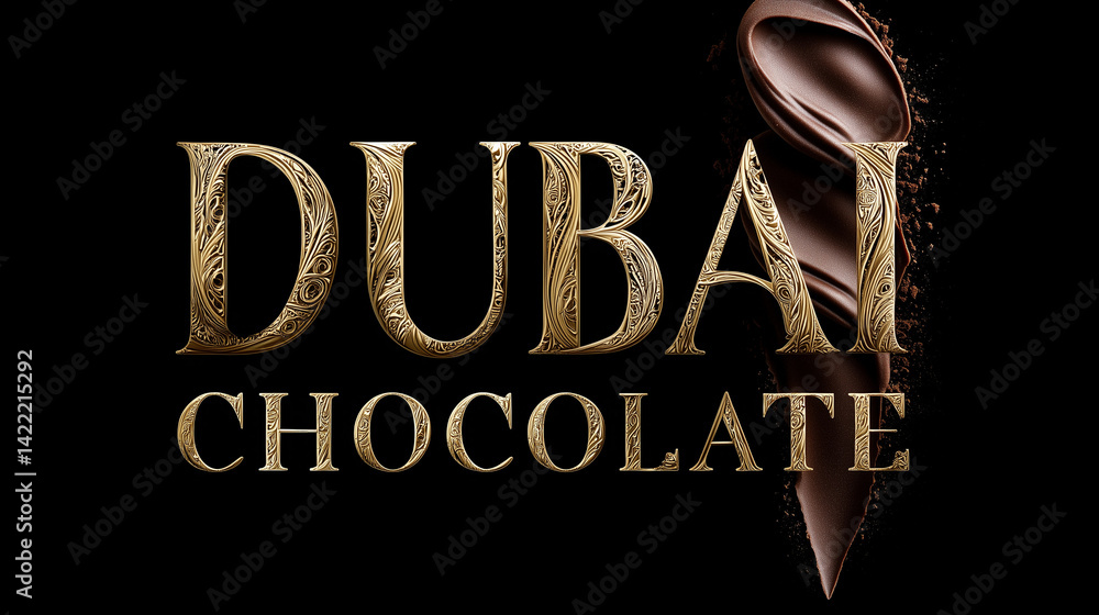 Golden, ornate lettering swirling with rich dark chocolate, representing premium Dubai confectionery branding on sleek black backdrop
