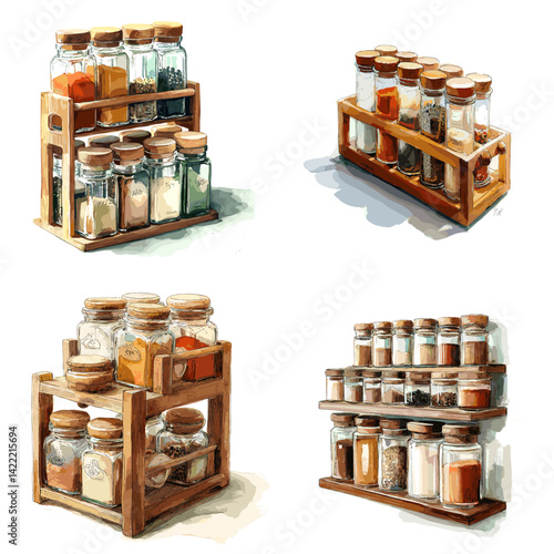 Watercolor-style illustration of wooden spice racks filled with glass jars of various spices. Perfect for kitchen organization, cooking themes, rustic design, and culinary art.

