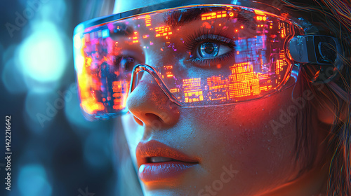 A futuristic image of a woman wearing smart glasses. The glasses reflect complex data. Ideal for tech articles concept art or sci-fi projects.