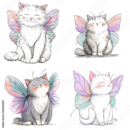 Cute hand-drawn illustrations of cats with colorful fairy wings, perfect for fantasy, magic, children’s themes, whimsical designs, and adorable animal artwork.


