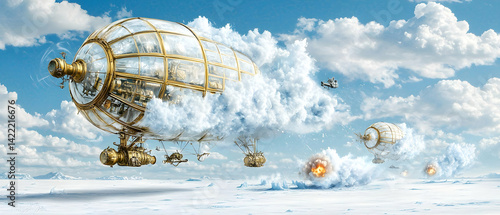 A steampunk airship floats above a snowy landscape. Explore this surreal world and use it as a cover for a sci-fi novel. 