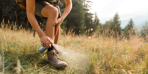 Female hiker applying insect repellent on legs in grassy meadow