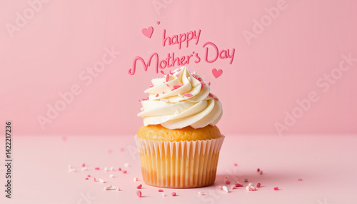 Mother’s Day cupcake with decorative icing on pink background  