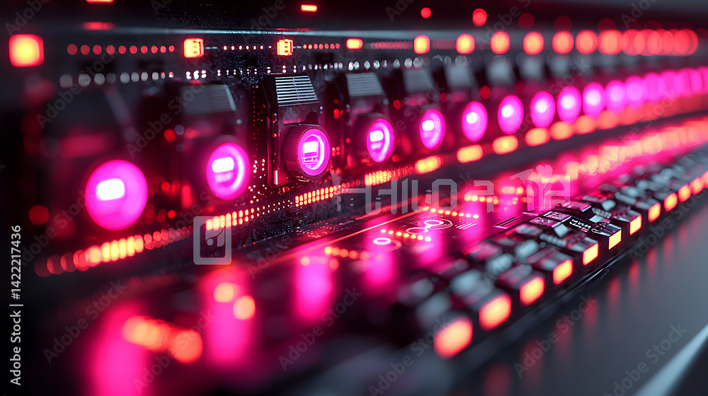 A futuristic tech display with neon pink lights. It appears to be a data center or a powerful computer. Ideal for a tech-themed website or promotional material. A futuristic tech display with neon pink lights. It appears to be a data center or a powerful computer. Ideal for a tech-themed website or promotional material.