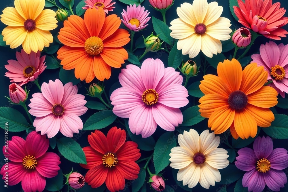 Bold stylized blossoms arranged in a square grid , floral, digital Bold stylized blossoms arranged in a square grid , floral, digital