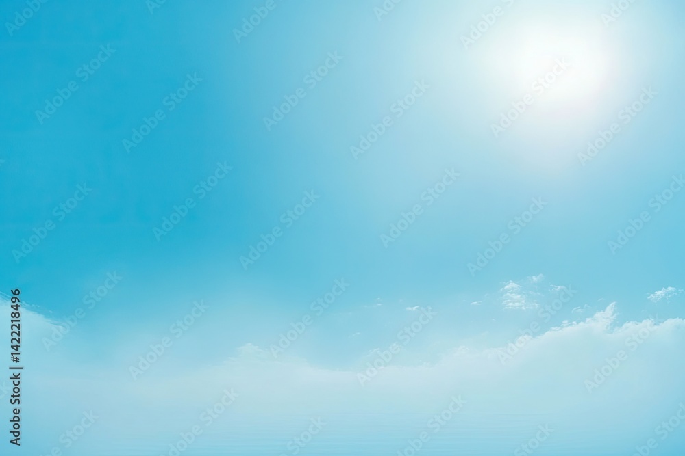 Obraz premium Vivid Sky Backdrop Featuring Sun, Clouds, Light Blue Hues, and Soft Water Horizon
