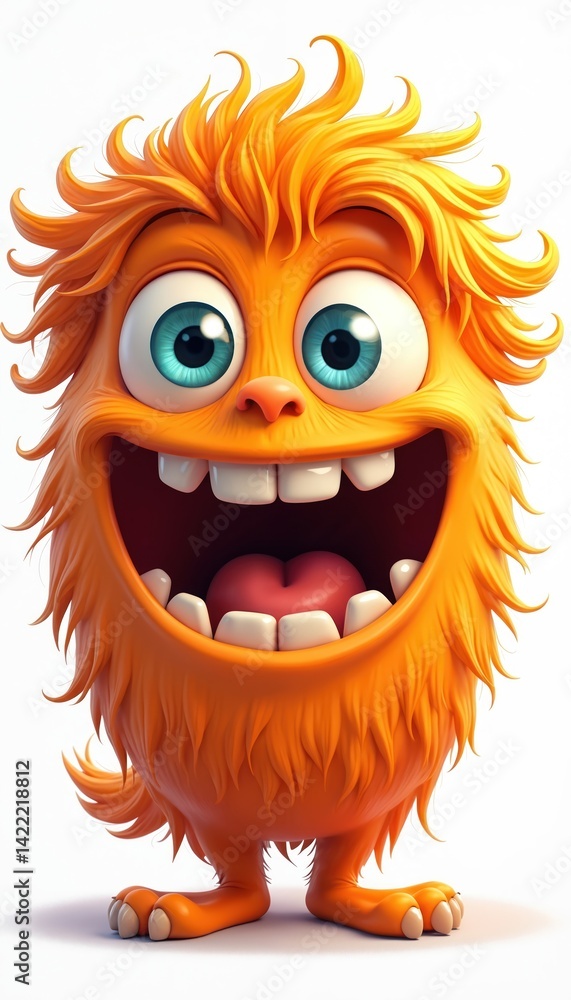 Joyful orange monster smiles widely with huge mouth, big teeth, blue eyes. Funny cartoon character fluffy hair, soft fur. Playful whimsical creature, full of happiness. Suitable for children Joyful orange monster smiles widely with huge mouth, big teeth, blue eyes. Funny cartoon character fluffy hair, soft fur. Playful whimsical creature, full of happiness. Suitable for children