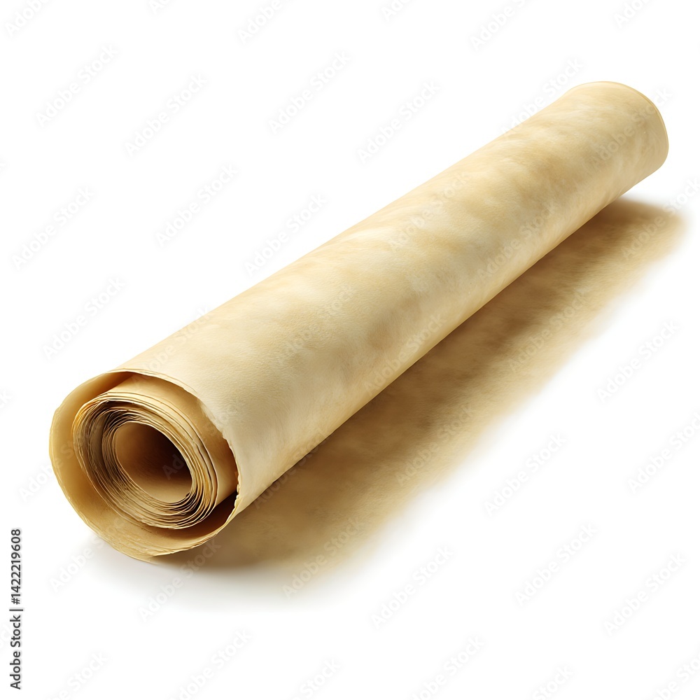 Fototapeta premium An antique scroll of parchment paper, rolled and isolated on a clean white background