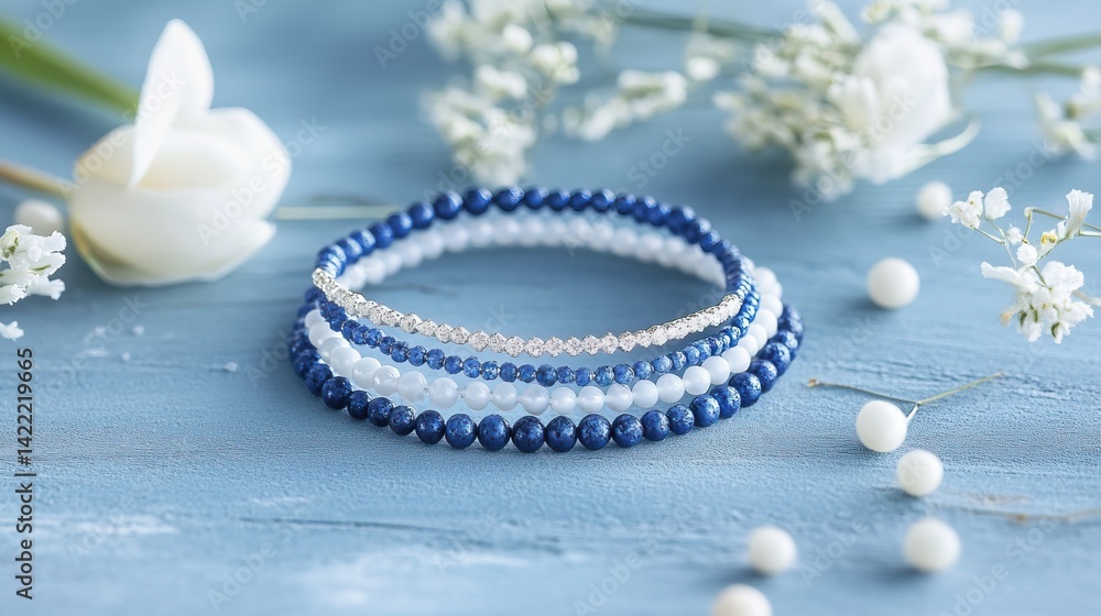 Wrap bracelet placed off-center on a chalky blue surface with soft gradient