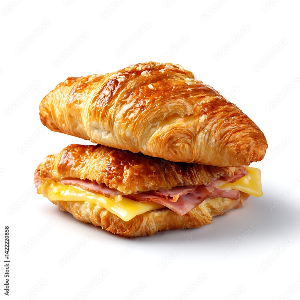 Two delicious ham and cheese croissants stacked on top of each other, isolated on a clean white background Two delicious ham and cheese croissants stacked on top of each other, isolated on a clean white background