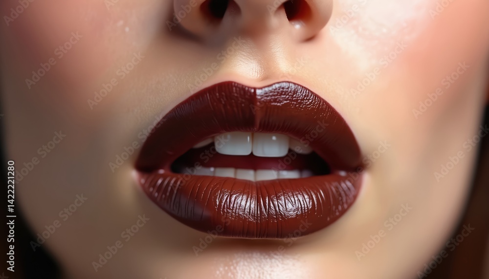 Obraz premium Close-up of woman face with open mouth, dark brown lipstick. Glossy, rich color lips, glamorous makeup look. Fashion beauty art, perfect makeup with smooth skin. Ideal for makeup tutorials, beauty