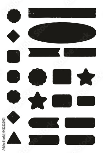 Vector set of black stencil outlines featuring various geometric shapes (circle, diamond, square, octagon, star, triangle) and banner designs. Represents crafting, art projects, and reusable patterns.